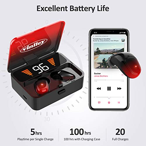 Auriculares Inalámbricos Bluetooth 5.0 Cascos In-Ear con Micrófono 2000mAh Caja de Carga Cancelación de Ruido 100H de Juego Control Táctil a Prueba de Agua Deportivos para iOS Android PC GMY, Rojo