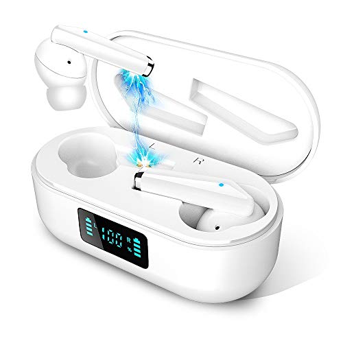 Auriculares Inalámbricos Bluetooth 5.0 TWS Auricular con Micrófono y Cancelación de Ruid 25H de Tiempo de Reproducción para iPhone Android (Blanco)