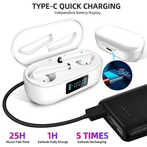 Auriculares Inalámbricos Bluetooth 5.0 TWS Auricular con Micrófono y Cancelación de Ruid 25H de Tiempo de Reproducción para iPhone Android (Blanco)