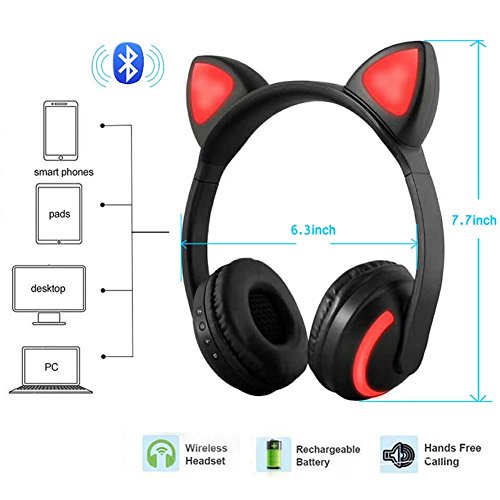 Auriculares inalámbricos Bluetooth para gato, 7 colores, luz LED intermitente, auriculares estéreo con luz brillante compatibles con smartphones y tabletas