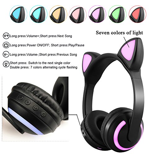 Auriculares inalámbricos Bluetooth para gato, 7 colores, luz LED intermitente, auriculares estéreo con luz brillante compatibles con smartphones y tabletas