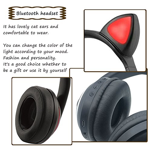Auriculares inalámbricos Bluetooth para gato, 7 colores, luz LED intermitente, auriculares estéreo con luz brillante compatibles con smartphones y tabletas