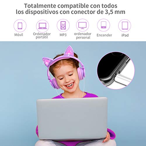 Auriculares para niños con Orejas de Gato, Auriculares LED con Orejas de Gato Que Brillan intensamente, Volumen Seguro de 85 dB Limitado, Silicona de Grado alimenticio (Rosado y Morado)