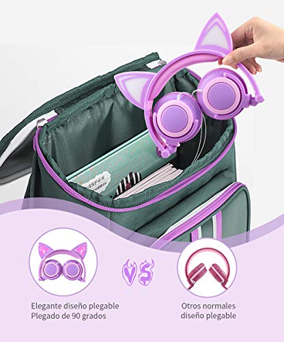 Auriculares para niños con Orejas de Gato, Auriculares LED con Orejas de Gato Que Brillan intensamente, Volumen Seguro de 85 dB Limitado, Silicona de Grado alimenticio (Rosado y Morado)