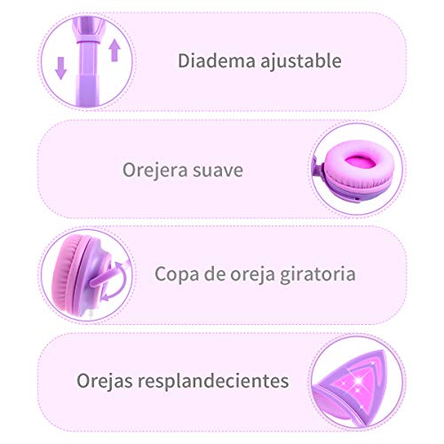 Auriculares para niños con Orejas de Gato, Auriculares LED con Orejas de Gato Que Brillan intensamente, Volumen Seguro de 85 dB Limitado, Silicona de Grado alimenticio (Rosado y Morado)