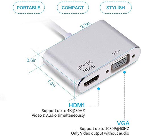 Auveach - Adaptador USB C a HDMI y VGA 4K, Mini convertidor 2 en 1 con Doble Monitor para iPad Pro, MacBook Pro, Chromebook, Lenovo 900, DELL XPS/SAMS 2018 (Compatible con Thunderbolt 3)