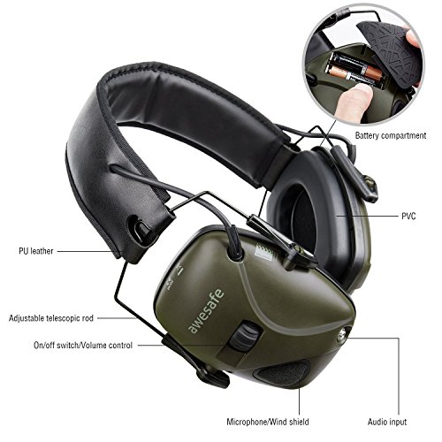 Awesafe Casco Tiro Electronico Protector Auditivo Auriculares de Caza Protectores para Oídos Especialmente Diseñados para Cazadores y Tiradores +Estuche Rígido Funda de almacenamiento (Verde)