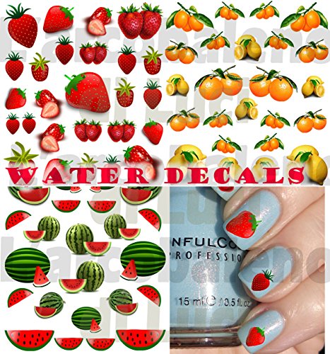 AWS Juego de pegatinas con frutas Water Decals. Pegatinas por transferencia con agua. Hoja con pegatinas de limones, fresas, sandía, naranjas, cítricos.