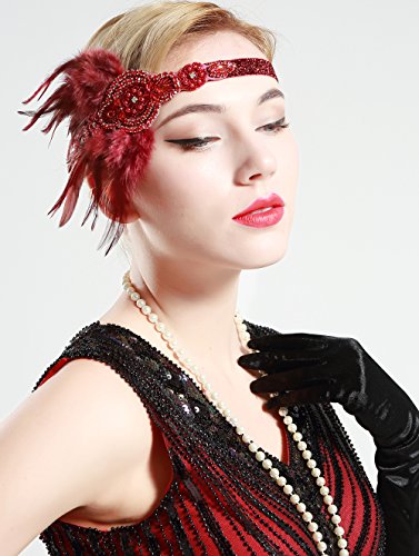 BABEYOND Años 20 Flapper Diadema de Plumas Negras Diadema Gatsby Vintage Cinta para el Pelo con Cuentas de Cristal Accesorios Vintage Disfraz Gran Gatsby Fiesta Temática Prom (Tinto)