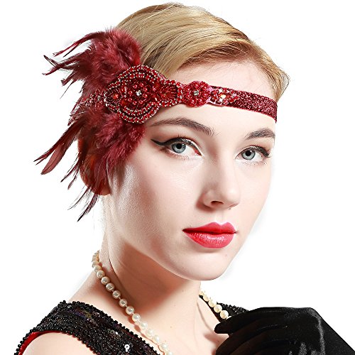 BABEYOND Años 20 Flapper Diadema de Plumas Negras Diadema Gatsby Vintage Cinta para el Pelo con Cuentas de Cristal Accesorios Vintage Disfraz Gran Gatsby Fiesta Temática Prom (Tinto)