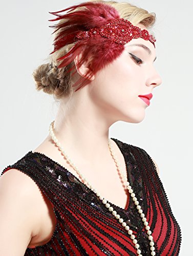 BABEYOND Años 20 Flapper Diadema de Plumas Negras Diadema Gatsby Vintage Cinta para el Pelo con Cuentas de Cristal Accesorios Vintage Disfraz Gran Gatsby Fiesta Temática Prom (Tinto)