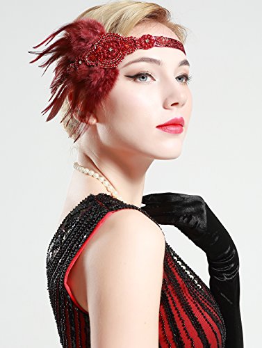 BABEYOND Años 20 Flapper Diadema de Plumas Negras Diadema Gatsby Vintage Cinta para el Pelo con Cuentas de Cristal Accesorios Vintage Disfraz Gran Gatsby Fiesta Temática Prom (Tinto)