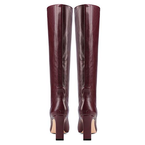 Baby rabbit-SS Botas Altas De Tacón Grueso, Botas hasta La Rodilla De Tacón Alto con Punta Cuadrada para Mujer, Botas De Cuero con Mangas para Mujer,Rojo,38 EU