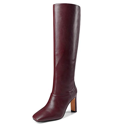 Baby rabbit-SS Botas Altas De Tacón Grueso, Botas hasta La Rodilla De Tacón Alto con Punta Cuadrada para Mujer, Botas De Cuero con Mangas para Mujer,Rojo,38 EU