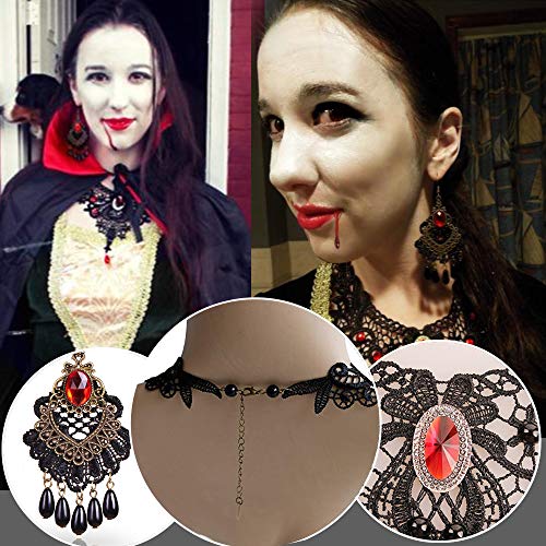 BagTu Conjunto de aretes y Collar de Encaje Negro, Gargantilla con Colgante Rojo Lolita Gothic para Disfraces de Halloween y Bodas