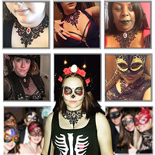 BagTu Conjunto de aretes y Collar de Encaje Negro, Gargantilla con Colgante Rojo Lolita Gothic para Disfraces de Halloween y Bodas