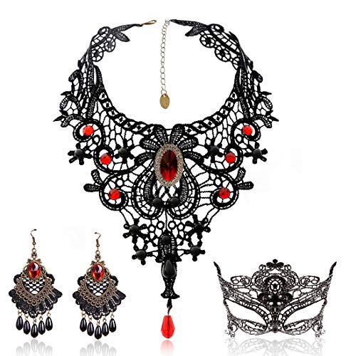 BagTu Conjunto de aretes y Collar de Encaje Negro, Gargantilla con Colgante Rojo Lolita Gothic para Disfraces de Halloween y Bodas