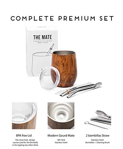 BALIBETOV - Nuevo - Set de Mate Calabaza Moderna para Yerba Mate - Pared Doble de Acero Inoxidable 18/8 - Incluye Dos Bombillas y un Cepillo de Limpieza (Madera, 355 ml)