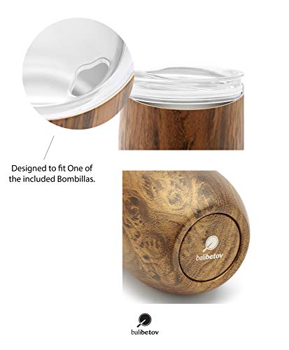BALIBETOV - Nuevo - Set de Mate Calabaza Moderna para Yerba Mate - Pared Doble de Acero Inoxidable 18/8 - Incluye Dos Bombillas y un Cepillo de Limpieza (Madera, 355 ml)