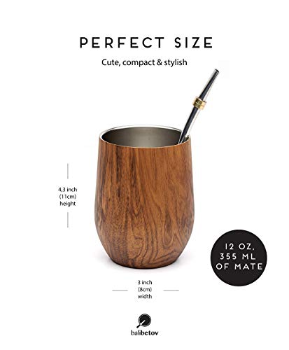 BALIBETOV - Nuevo - Set de Mate Calabaza Moderna para Yerba Mate - Pared Doble de Acero Inoxidable 18/8 - Incluye Dos Bombillas y un Cepillo de Limpieza (Madera, 355 ml)