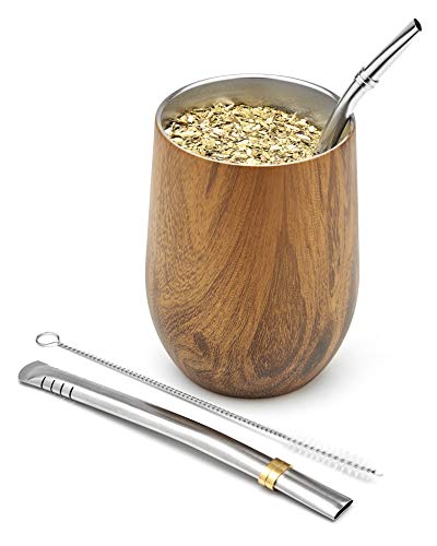 BALIBETOV - Nuevo - Set de Mate Calabaza Moderna para Yerba Mate - Pared Doble de Acero Inoxidable 18/8 - Incluye Dos Bombillas y un Cepillo de Limpieza (Madera, 355 ml)