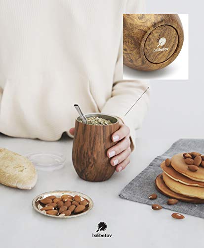 BALIBETOV - Nuevo - Set de Mate Calabaza Moderna para Yerba Mate - Pared Doble de Acero Inoxidable 18/8 - Incluye Dos Bombillas y un Cepillo de Limpieza (Madera, 355 ml)