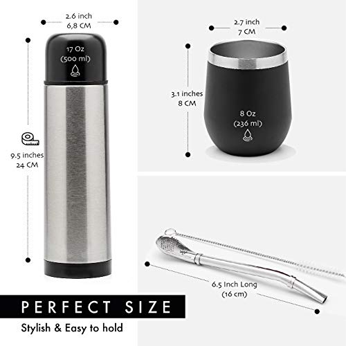 BALIBETOV Set Yerba Mate Completo - Calabaza Mate Moderna, Termo, Bombilla y Cepillo de Limpieza Incluido - Todo Acero Inoxidable 304 18/8 (Negro)