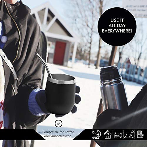 BALIBETOV Set Yerba Mate Completo - Calabaza Mate Moderna, Termo, Bombilla y Cepillo de Limpieza Incluido - Todo Acero Inoxidable 304 18/8 (Negro)