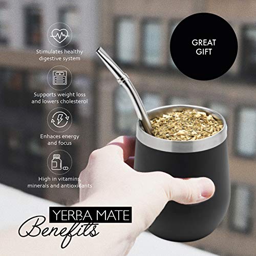 BALIBETOV Set Yerba Mate Completo - Calabaza Mate Moderna, Termo, Bombilla y Cepillo de Limpieza Incluido - Todo Acero Inoxidable 304 18/8 (Negro)