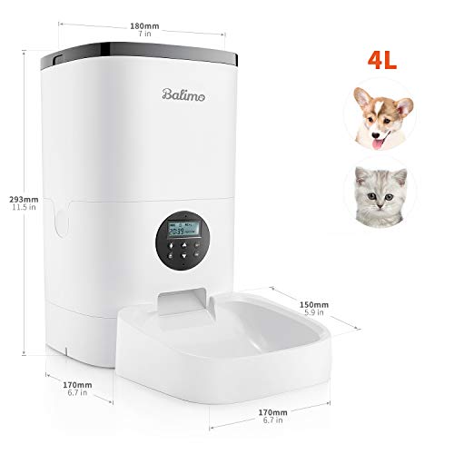 Balimo 4L Automática Comedero para gatos y perros, Alimentador Automático con temporizador programable y pantalla LCD y Grabación de Voz Caracteristicas Hasta 4 comidas al día