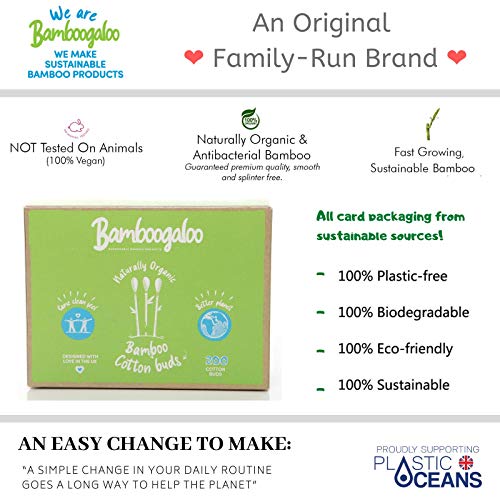 BAMBOOGALOO Bastoncillos de algodón orgánico de bambú – 100% libre de plástico, ecológico. Paquete familiar de 1000 hisopos, certificado FSC