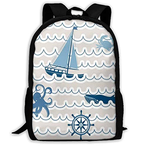 Bandolera,Morral Cotidiano,Casual Mochila,Daypacks,Messenger Bag,Patrón De Onda con Iconos De Elementos Náuticos Pulpo Cangrejo Estrella De Mar Ballena Arte Mujeres Y Hombres Durable Mochila Informa