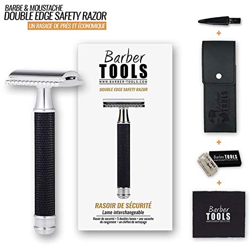 ✮ BARBER TOOLS ✮ Kit de afeitado - Maquinilla de afeitar de seguridad + 80 cuchillas dobles + Tejón de afeitar + Jabón de afeitar + Bálsamo para después del afeitado + Piedra de alumbre + Bolsa