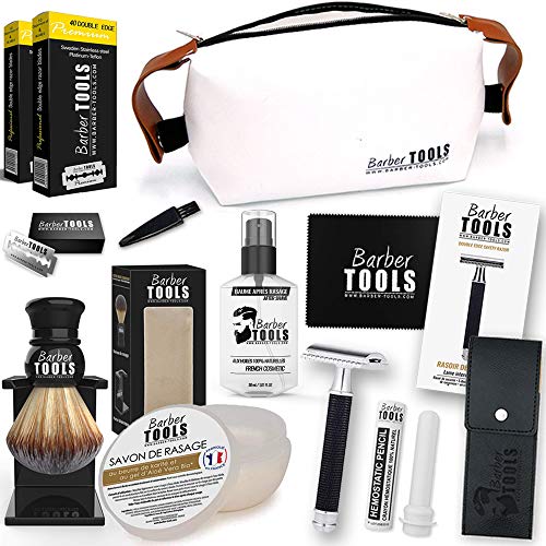 ✮ BARBER TOOLS ✮ Kit de afeitado - Maquinilla de afeitar de seguridad + 80 cuchillas dobles + Tejón de afeitar + Jabón de afeitar + Bálsamo para después del afeitado + Piedra de alumbre + Bolsa