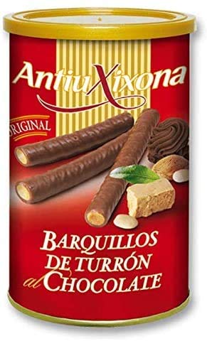 Barquillos de Turrón al Chocolate, Caja o Pack de 2,4 KG (12 latas x 200 gramos) - Barquillo de galleta crujiente bañada de Chocolate y relleno de intenso Turrón. Antiu Xixona Receta Original.