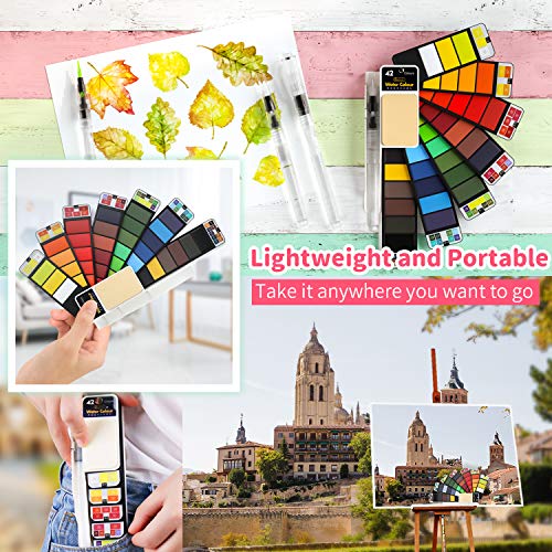BBLIKE Acuarelas, Set de Pintura de Acuarela sólida,42 Colores Caja de Almacenamiento del Sector con 4 Pincel de Pintura de Agua Pigmento de Acuarelas portatiles para artículos de Arte