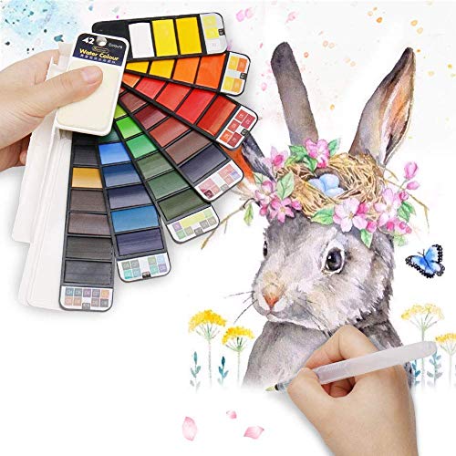BBLIKE Acuarelas, Set de Pintura de Acuarela sólida,42 Colores Caja de Almacenamiento del Sector con 4 Pincel de Pintura de Agua Pigmento de Acuarelas portatiles para artículos de Arte