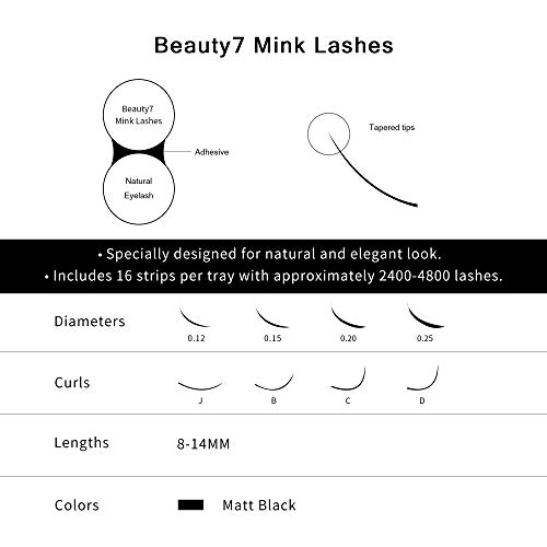 Beauty7 Mink Extensiones de Pestañas Pstizas Natural C Curl 0.20mm Pestañas Individuales Longitud Mixta de 8mm-14mm para Maquillaje Eyelashes Extensions