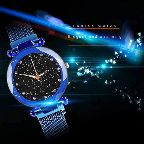 BEAYPINE Correa de Metal Cristal Azul Luz de Las Estrellas Cara del dial Mujer Moda Relojes de Pulsera Reloj de Cuarzo Mujeres Impermeable Reloj de Dama