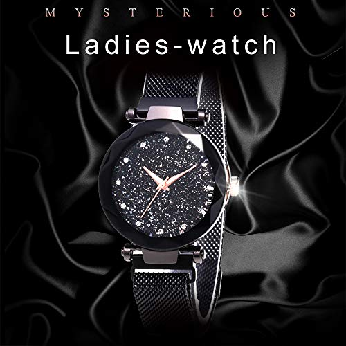 BEAYPINE Correa de Metal Cristal Azul Luz de Las Estrellas Cara del dial Mujer Moda Relojes de Pulsera Reloj de Cuarzo Mujeres Impermeable Reloj de Dama