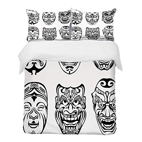 Bedding Juego de Funda de Edredón - Kabuki Máscara Decoración, Japonés Nogaku Máscara Teatral Emoción E/Microfibra Funda de Nórdico y Fundas de Almohada - (Cama 200 x 200cm + Almohada 63X63cm)
