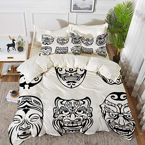 Bedding Juego de Funda de Edredón - Kabuki Máscara Decoración, Japonés Nogaku Máscara Teatral Emoción E/Microfibra Funda de Nórdico y Fundas de Almohada - (Cama 200 x 200cm + Almohada 63X63cm)