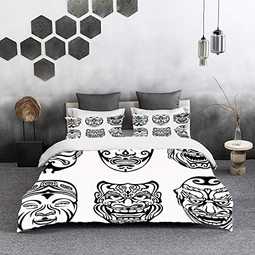 Bedding Juego de Funda de Edredón,Microfibra -Kabuki Máscara Decoración, Japonés Nogaku Máscara Teatral Emoción Ex - Funda de Nórdico y Fundas de Almohada - (Cama 200 x 200cm + Almohada 63X63cm)