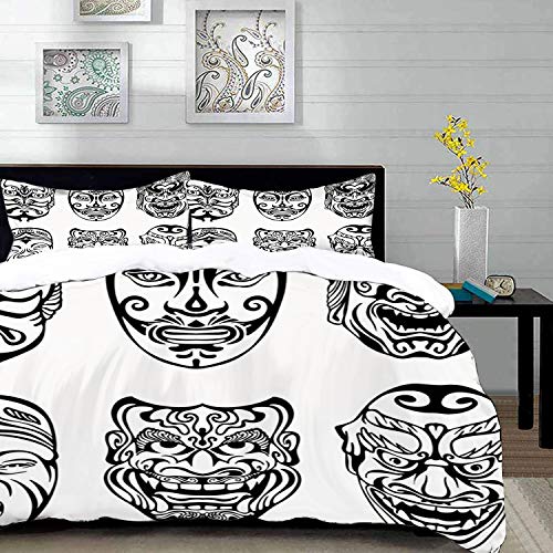Bedding Juego de Funda de Edredón,Microfibra -Kabuki Máscara Decoración, Japonés Nogaku Máscara Teatral Emoción Ex - Funda de Nórdico y Fundas de Almohada - (Cama 200 x 200cm + Almohada 63X63cm)