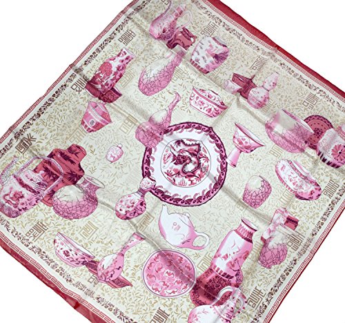 Bees Knees Fashion Beige Cerámica Rosa Oscuro Impreso Bufanda Cuadrada De Seda Pura Fina