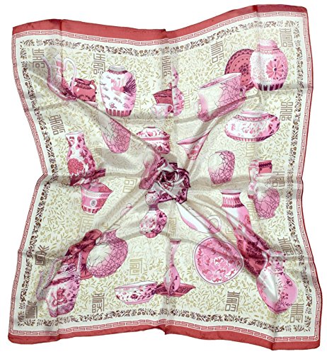 Bees Knees Fashion Beige Cerámica Rosa Oscuro Impreso Bufanda Cuadrada De Seda Pura Fina