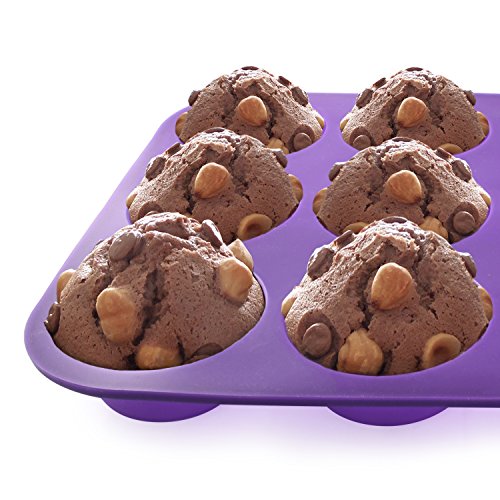 Belmalia Molde para Magdalenas, Silicona, 33 x 25 x 3 cm, 12 Panecillos, Recubrimiento Antiadherente, Cupcake Brownie Budín Latta de Mollete Muffin Bandeja para Hornear Panecillos Violeta Morado Púrpura