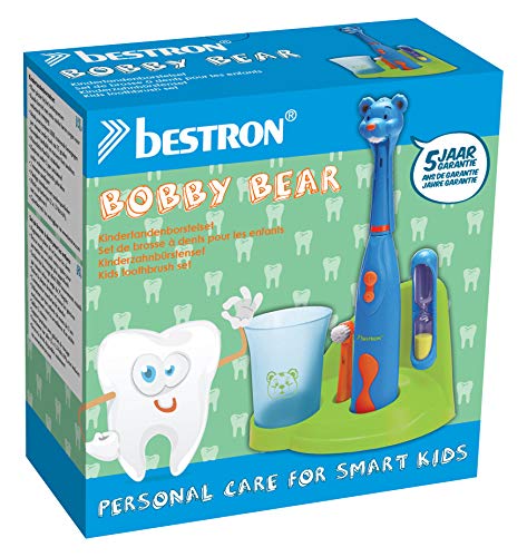Bestron Cepillo de Dientes Eléctrico para Niños"Bobby Bear" con Vaso, Reloj de Arena y Soporte, Funciona con Baterías, Azul
