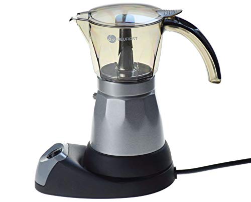 BEUFIRST Cafetera Eléctrica Italiana, 480W, 4 Tazas, 6 expresos. Cafetera Italiana Eléctrica con Vaso Transparente Acrílico Muy Resistente, Aleación Aluminio y Función Autoapagado