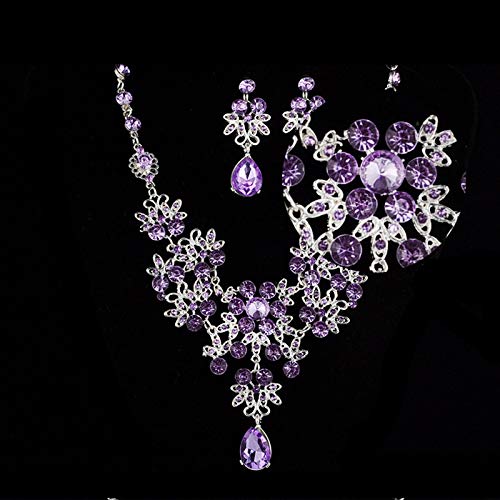 Beuya Mujeres Collar Anillo Pendientes Conjunto Boda Joyería Fiesta Conjunto de Joyas de Boda Regalo de Amor (Morado)